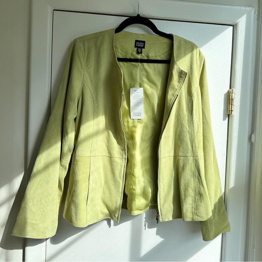 Eileen Fisher Green Goat Suede Leather Jacket Blazer